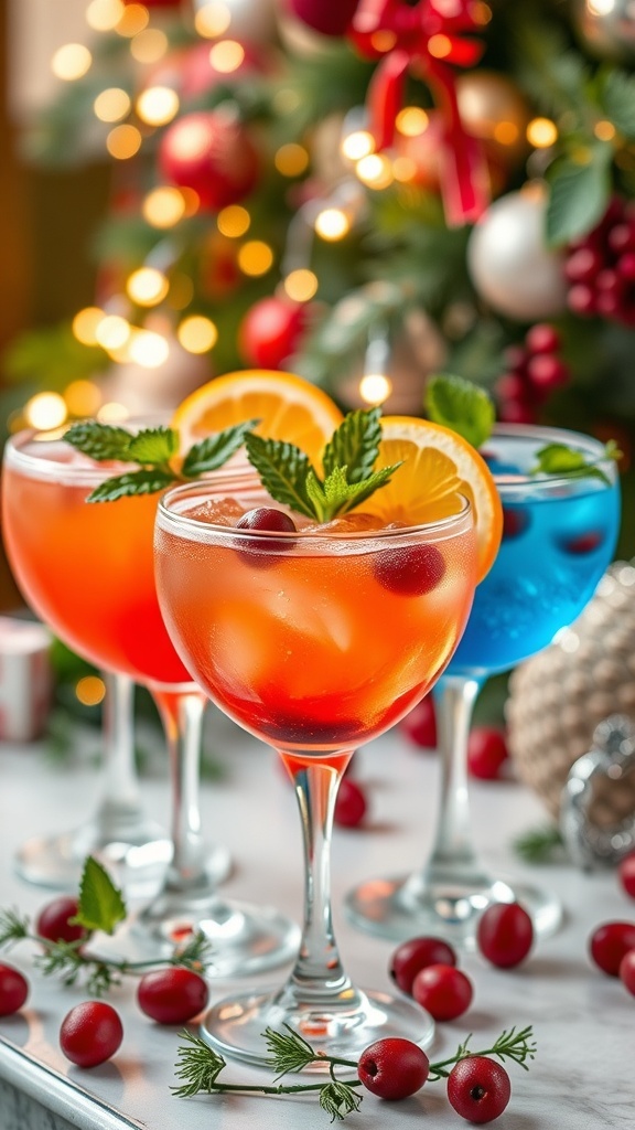 Festive non-alcoholic Christmas cocktails garnished with mint, orange slices, and cranberries.